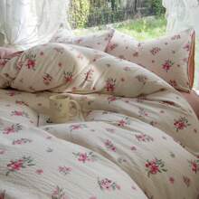 4 pièces Set de couette à fleurs ditsy fraîches - en polyester respirant, convient pour toutes les saisons, lavable en machine, fermeture éclair, comprend 1 couette, 1 drap plat, 2 taies d'oreiller - sans rembourrage, sans couette ni inserts d'oreillers, décoration de chambre, literie pour couple, lavable en machine