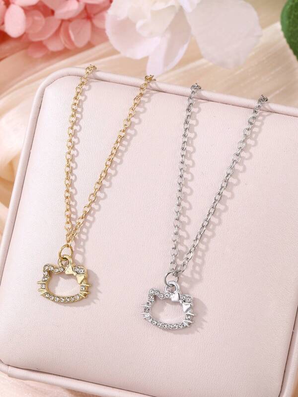 Sanrio 2pcs Sanrio Kitty Cat Rhinestone Studded Pendant Necklaces, Couples/Best Friend Accessories