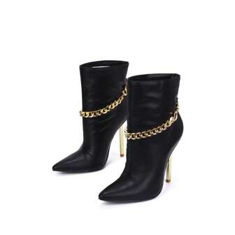 Joelle Women's Pointed Toe Stiletto Ankle Boots – Gold Chain Detail Slip-On Booties