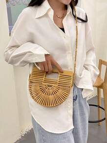 1pc Fashionable Unique Niche Asymmetrical Shaped Bag, Bamboo Woven Bag, Mini Beach Bag, Hollow Design, Interesting Gift, Personalized Strap, Asymmetrical Handheld, Daily Use, Beach Holiday, Shoulder Bag Crossbody, Beaded Long Strap, Women Handbag - Khaki - View 2