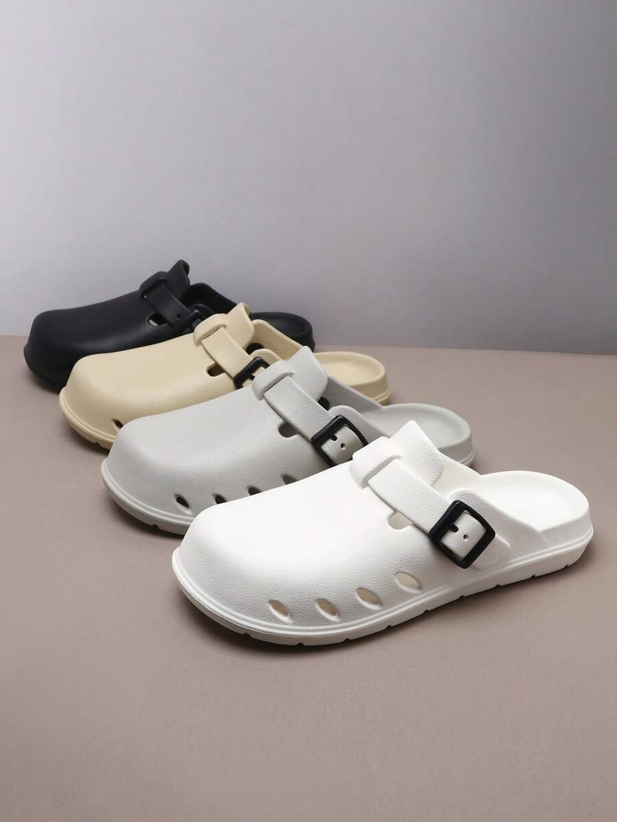 2025 New Men's Flat Bottom Wooden Clogs, Minimalist Fashion Casual Slip-On Retro Adjustable Buckle Sandals For Travel, Beach, Party, Couple, Indoor Slippers, Thick Breathable Solid Color Round Toe Hollow Shoes - Grey - View 1