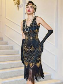 LVNES Women's Flapper Dresses 1920s Great Gatsby Sequin Fringed Roaring Cocktail Bodycon Graduation Dress - Black Gold - View 7