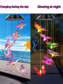 4 Solar Powered Hummingbird/Butterfly/Heart-Shaped/Round Wind Chime Lights, Colorful 6LED Hanging Lights, Romantic Purple Yellow Butterfly, Blue Hummingbird Design, Suitable For Courtyard Decoration, Balcony, Outdoor Garden Decoration, Parties, Holiday Atmosphere, (Solar Powered) - Multicolor - View 9