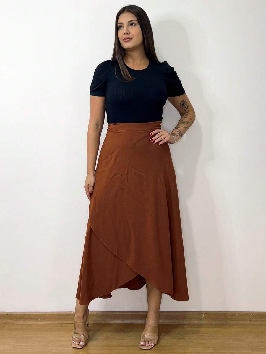 Women's Wrap Skirt With Viscose Lining - Coffee Brown - View 1