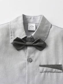 BOARNSEORL 2pcs Young Boys Formal Outfit Set - Short Sleeve Shirt With Bowknot And Suspender Shorts, Suitable For Banquet, Party, Performance, Wedding And Daily Outings - Grey - View 8