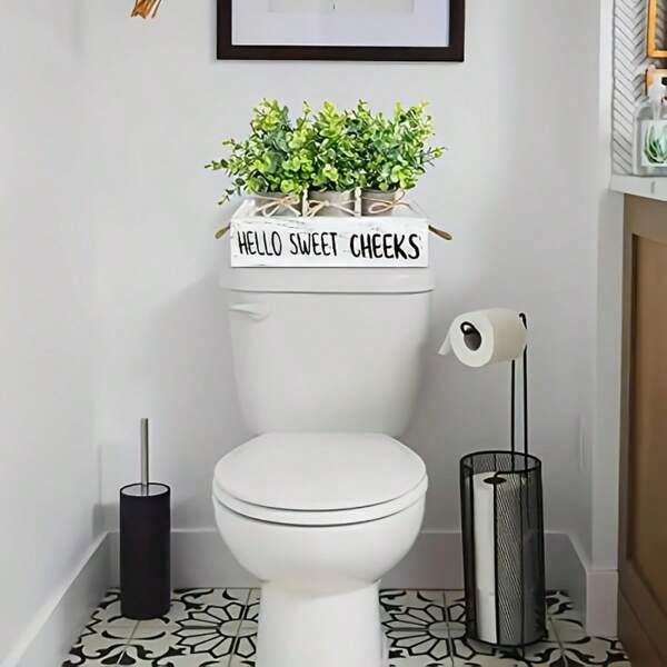 1 pieza Organizador de baño de madera rústica con asa de cuerda, organizador decorativo "¡Hola, mejillas dulces!" para el hogar, el dormitorio y la lavandería