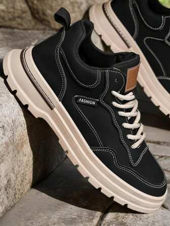 Plus Size Men's New Fashion Leather Boots, Casual Work Shoes, Low Top Lace Up Hiking Boots, Outdoor Sport Sneakers, Black