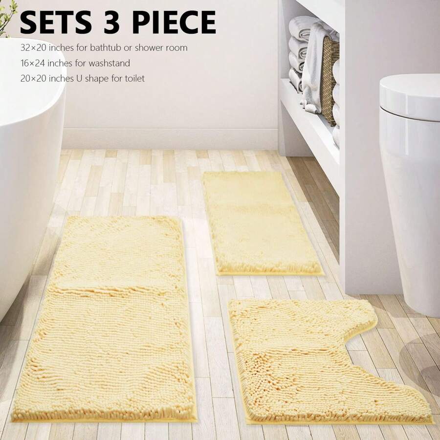 3 Pieces Bathroom Rugs, Ultra Soft Non Slip Absorbent Chenille Toilet Bath Mat Set,Thick Absorbent Bath Mats, Non Slip Chenille Toilet Mat For Bathroom, Bedroom, Kitchen(Pink, Yellow, Grey, Dark Grey,32 'x20'+24'x16'+U-Shape 20 'x16' ) - Màu vàng - Xem 1