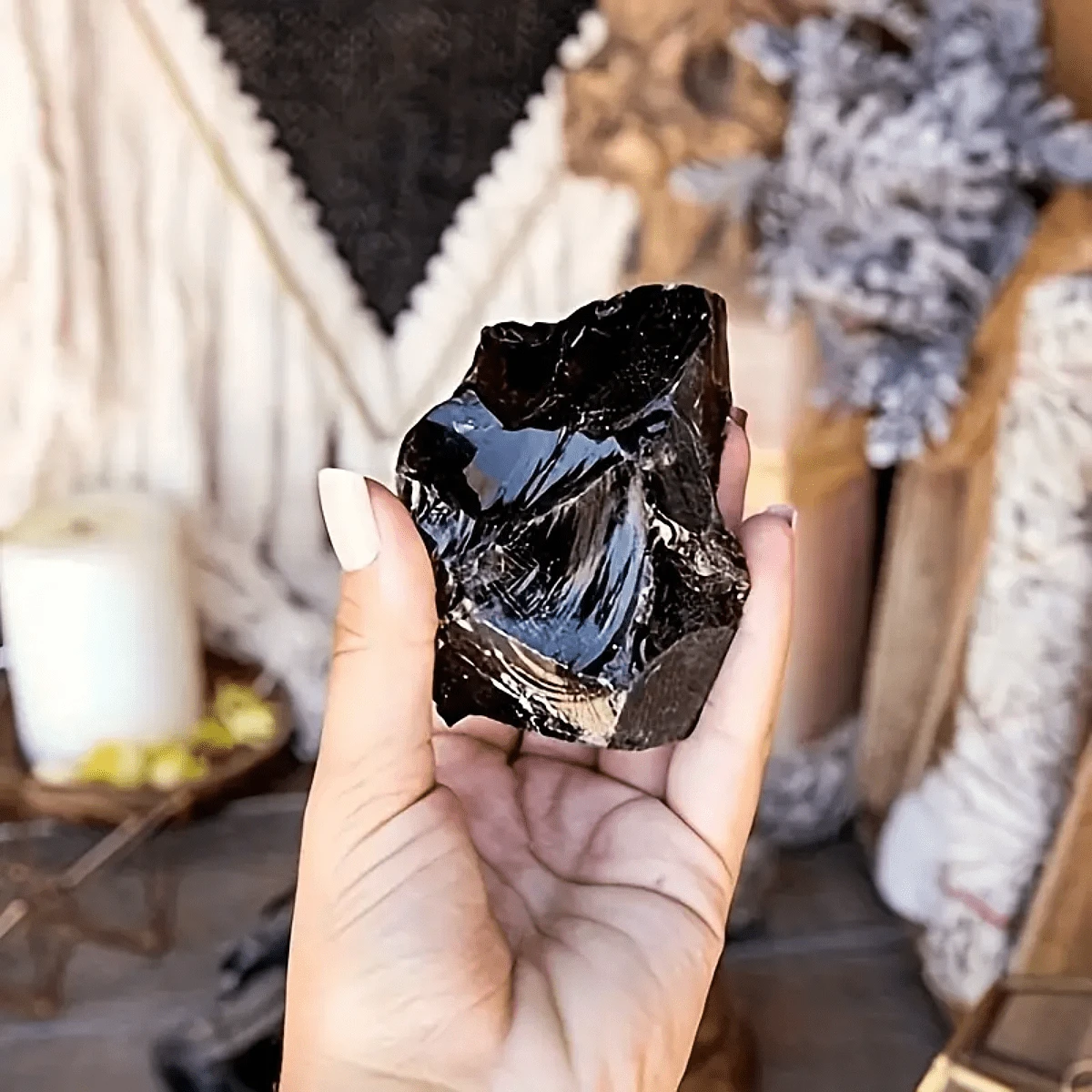 波西米亚风天然黑曜石水晶,原石抛光水晶装饰,DIY工艺材料套装,独特细节,工艺用品 | 质朴魅力 | 简约外观 - 黑色 - 查看 1