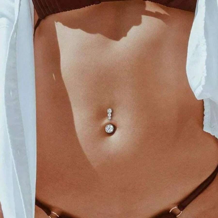 1pc Crystal Rhinestone Belly Button Ring For Women, Navel Belly Button Navel Ring, Surgical Steel Barbell Heart/Round Shape Body Piercing Jewelry - Silver - View 1