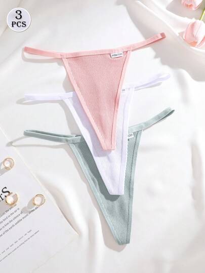 3件装舒适性感罗纹棉质丁字裤女士内裤