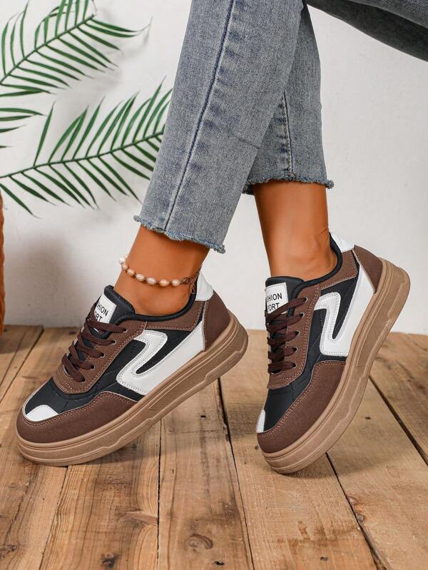 Women's Casual Sports Shoes, Thick Sole Athleisure Chunky Sneakers, Lightweight & Versatile, Color Block Design