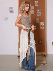 蕾丝边薄纱半身裙，街头风个性半身裙（无内衬） - 卡其色 - 查看 6