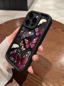 1pc Butterfly Painted High-End Textured Anti-Fall Protective Phone Case With Detachable Silicone Black Wrist Strap - Multicolor - View 8