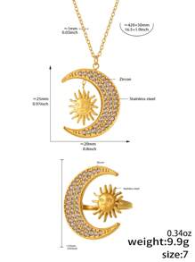 MiDuoDuo 2 件套不锈钢星星和月亮吊坠项链和戒指套装，女士简约日常珠宝