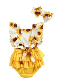 Baby Girl Summer Clothes Outfits Sleeveless Lace Floral Romper Dress Newborn Outfit - Màu vàng - Xem 2