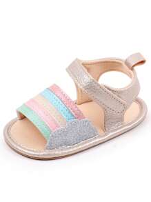 1 Pair Of Baby Sandals, Pu Leather Material, Lovely Rainbow Stripe Pattern Design, Suitable For Indoor And Outdoor Slip-Resistant Learning To Walk, Soft Flat Shoes For Infants.