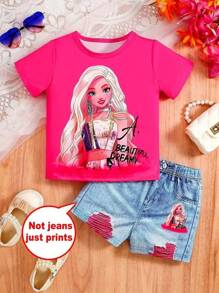 2pcs Set Celebrity Cartoon Print Girl Short Sleeve Top + 3D Graphic Shorts, Casual Holiday Summer Outfit, Suitable For Outdoor Leisure Activities