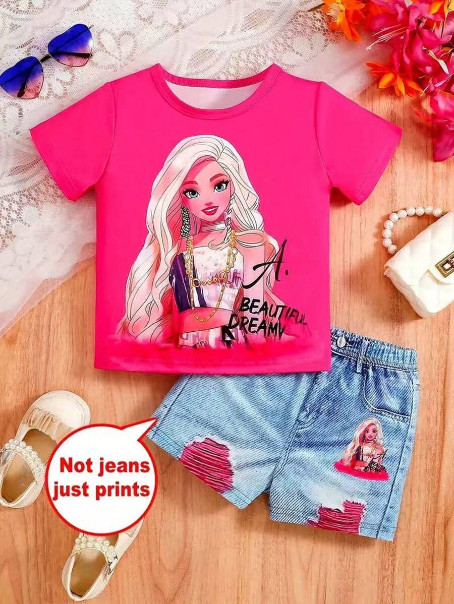 2pcs Set Celebrity Cartoon Print Girl Short Sleeve Top + 3D Graphic Shorts, Casual Holiday Summer Outfit, Suitable For Outdoor Leisure Activities