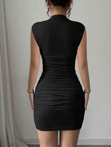Women Solid Color Elegant Ruched Bodycon Midi Dress - Black - View 5