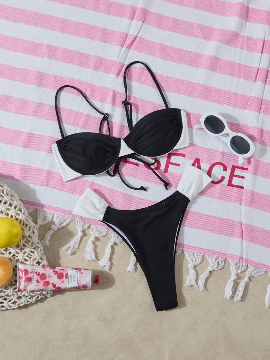 Nouveau ensemble de bikini de plage style européen et américain de couleur unie