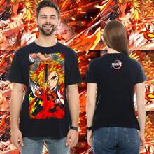 Black Combed Cotton Casual T-Shirt For Women And Men With Rengoku Anime Print - 黑色 - 查看 7