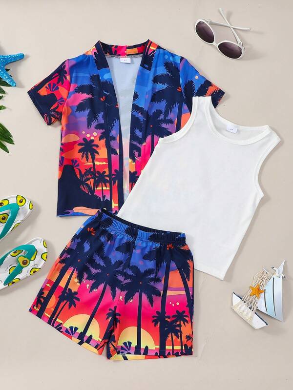 3pcs/Set Kid Boy Holiday Palm Tree Print Short Sleeve Shirt + Shorts + Vest