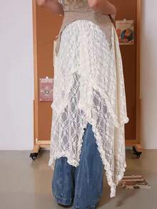 蕾丝边薄纱半身裙，街头风个性半身裙（无内衬） - 卡其色 - 查看 10