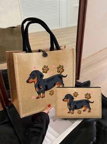 黄色亚麻带扣手提包，印有黑狗图案，包括一个大包和一个小钱包、手提包和零钱包、手提包和钱包、简约耶稣字母印花亚麻手提包、卡包、适合教师的多功能便携式手提包