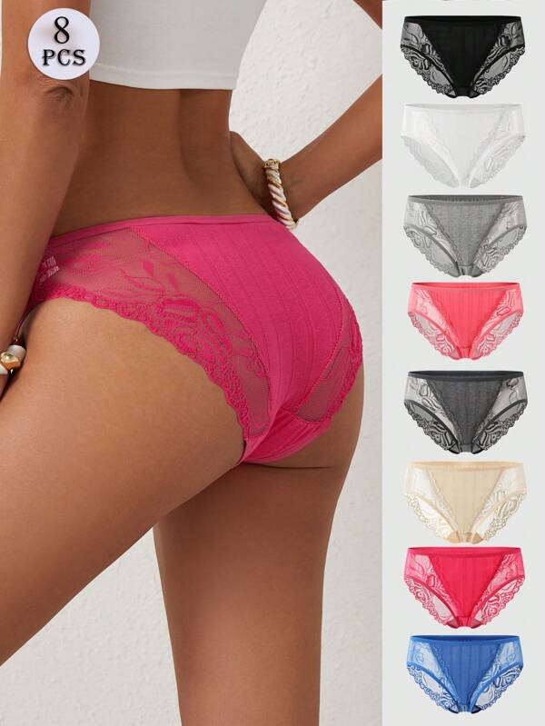 8PCS Women Cotton Panties Soft Comfortable Lace Splicing Ladies Underwear