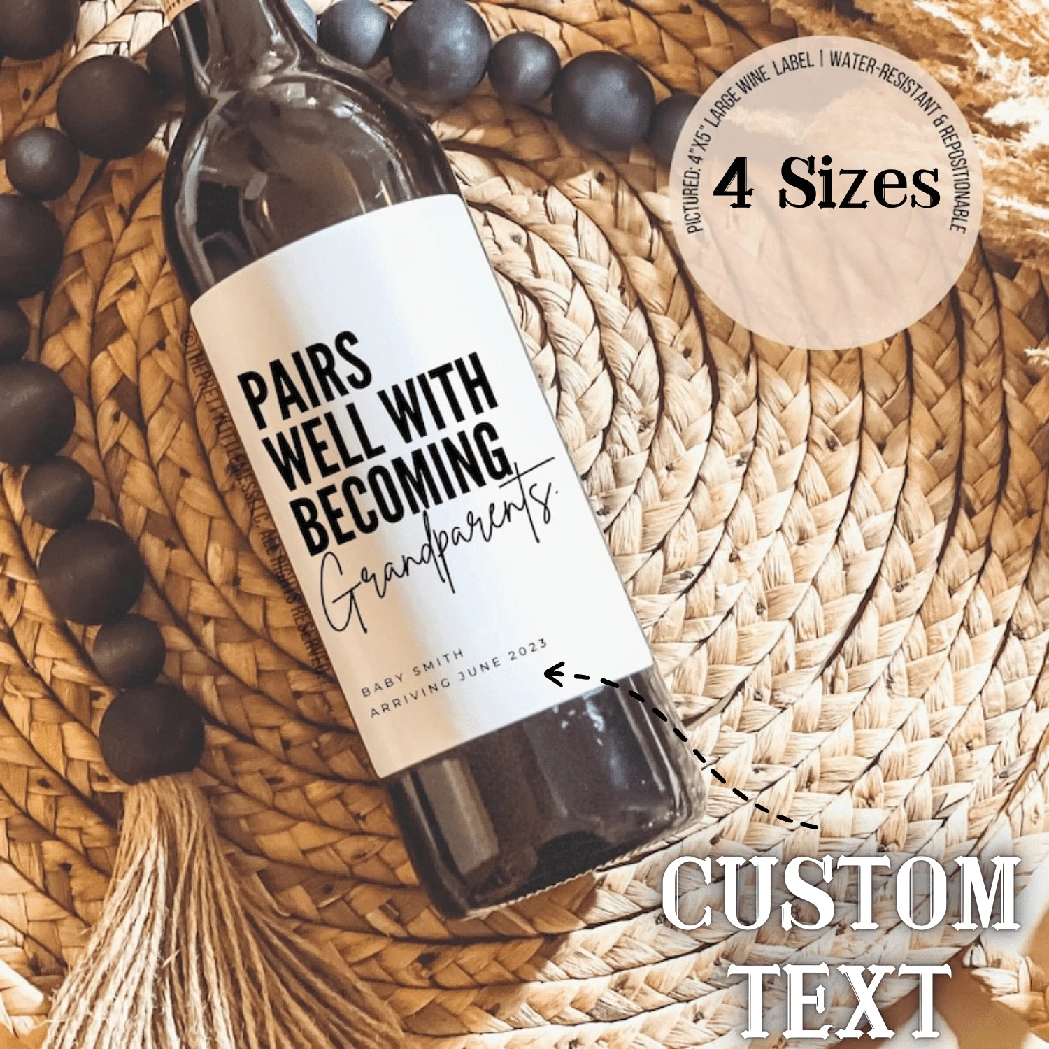 任何尺寸定制葡萄酒标签防水乙烯基贴纸婴儿公告葡萄酒标签个性化怀孕揭晓礼物个性化怀孕公告礼物 | 与祖父母完美搭配 | 送给新祖父母怀孕妈妈的礼物，祝贺宝宝，祖父母香槟标签与成为祖父母完美搭配，图形印刷 - 彩色 - 查看 1