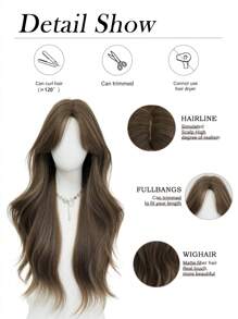 30 英寸长女士波浪假发，亚麻棕色华丽蓬松卷发假发，带窗帘刘海，合成全机发假发，适合派对摄影、日常学校使用 - 亞麻棕 - 查看 5