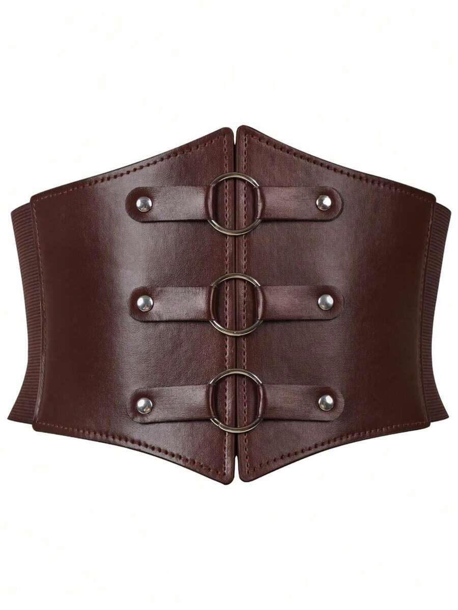 1pc Women's Coffee Brown Fashion PU Leather Elastic Corset Belt With Round Ring Decor, Versatile For Halloween, Renaissance Outfit - Coffee Brown - View 1