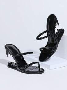 Metallic Teeth Heels Mules For Women Fashion Open Toe Wedges High Heeled Slip On Party Sexy Slingback Slides Sandals Woman - màu đen - Xem 5
