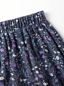 EARO 女式海军蓝碎花 A 字裙，高腰休闲宽松度假优雅设计拼布褶皱长裙，春秋 - 藍色 - 查看 9