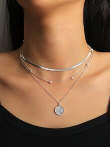 Flat Snake Chain 3-Layered Necklace For Women (Random Pearl Quantity, Fixed Chain Length), Fashion Multilayer Design For Everyday Wear And Dating Gifts