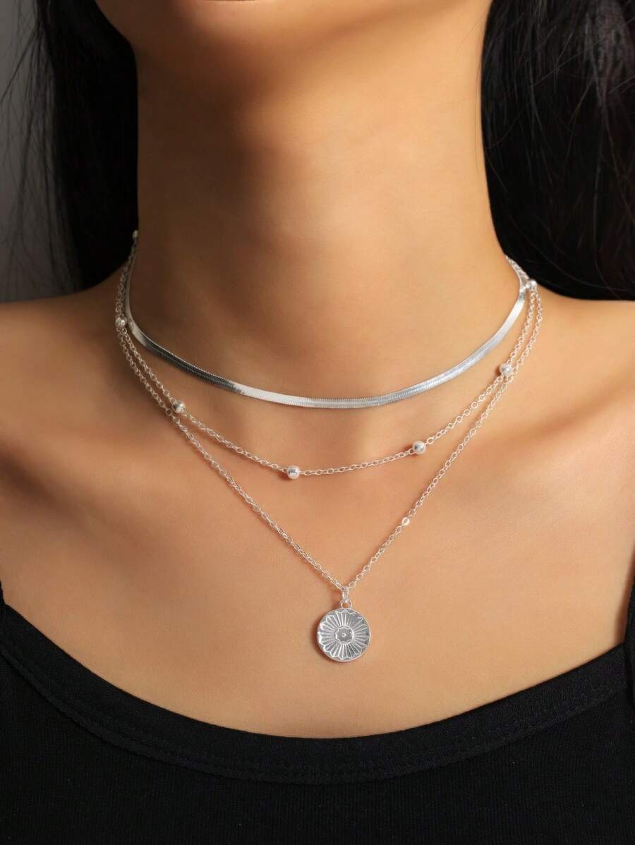 Flat Snake Chain 3-Layered Necklace For Women (Random Pearl Quantity, Fixed Chain Length), Fashion Multilayer Design For Everyday Wear And Dating Gifts