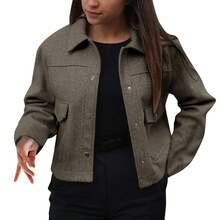 TRAFZA Women's Autumn Jacket, Fashion 3D Front Pocket Button Long Sleeve Coat, Elegant Women's Casual Jacket