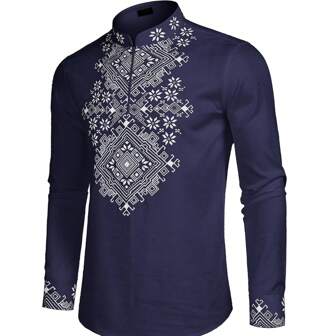 男士 V 领长袖衬衫，传统中东印花设计，四季皆宜