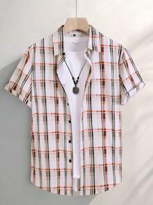 男士休闲格子短袖衬衫，清凉透气 - 白色 - 查看 2