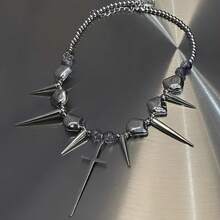 Cool Cross Rivet Punk Necklace Y2K Irregular Hip-Hop Necklace Suitable For Both Men And Women - Bạc - Xem 2