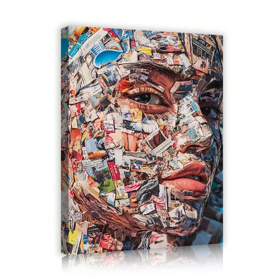 1Pc Abstract Woman Portrait Canvas Painting Prints Beautiful Woman Newspaper Collage Portrait Artwork Decoration Mixed Media Wall Art Poster For Living Room Home Girl Room Bar Decor