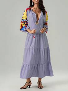 Boho Floral Puff Sleeve Maxi Dress For Women Loose Fit Bohemian Flowy Tiered Long Dress Graffiti Summer Wear - 藍色 - 查看 7