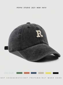 1pc Unisex Minimalist Washed Baseball Cap With R Letter Embroidery Patch, Versatile Sun Protection Snapback Hat - Baseball Cap - View 19