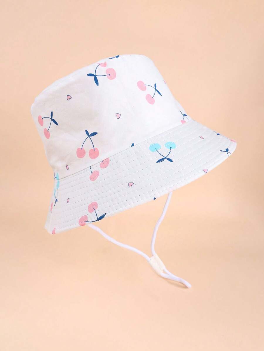 1pc Girls' Bucket Hat, Cartoon Cherry Print, Toddler Baby Sun Hat Suitable For Daily Outdoor Activities, Beach, Sun Ion - White - View 1