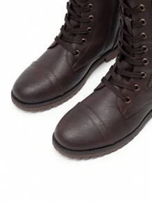 Women's Mid-Calf Combat Boots Round Toe Lace-Up Coin Pocket Outdoor Commuter Black Boots - màu nâu - Xem 8