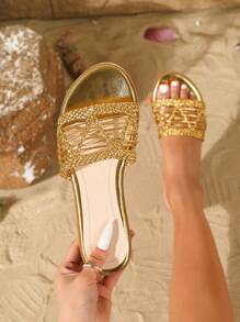 Sandalias planas para mujer con diseño tejido calado, cómodas sandalias casuales de playa con suela suave y flexible antideslizante con punta abierta