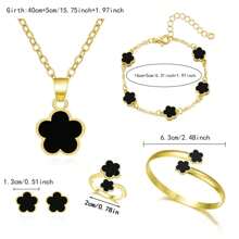 5pcs/Set Floral Pendant Jewelry Set For Women, Necklace, Earrings, Bracelet, Bangle, Ring, Elegant & Charming Accessories - Black - View 7