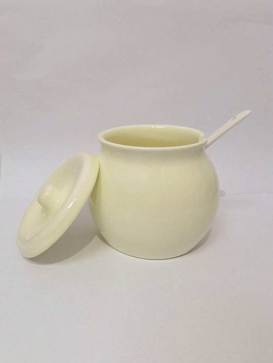 优质厚陶瓷罐，耐高温，高审美价值辣椒粉罐，厨房调味料储存罐 - 奶白+蓋+勺 - 查看 1