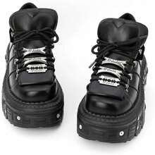 Women's Platform Biker Boots Square Toe Lace Up Motorcycle Boots Black Metal Combat Goth Booties - 黑色 - 查看 1